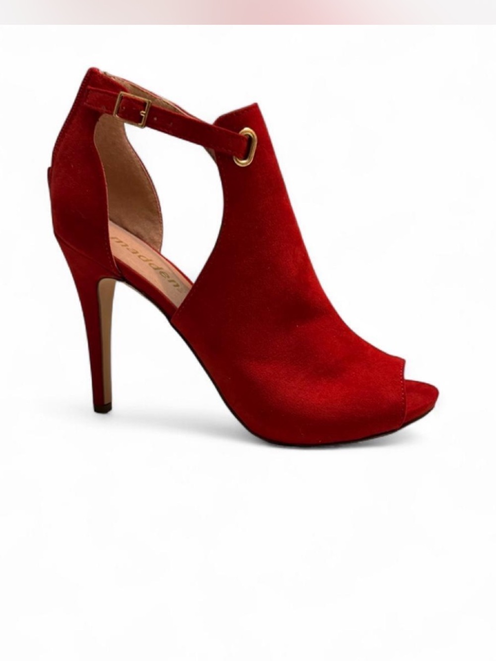 Red Suede Peep-Toe Ankle Strap High Heels - Women